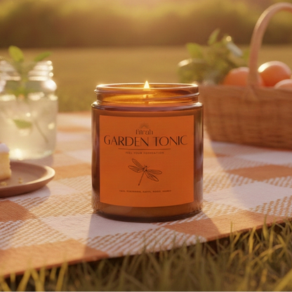 Candle on a picnic blanket with a basket and food items in a natural setting